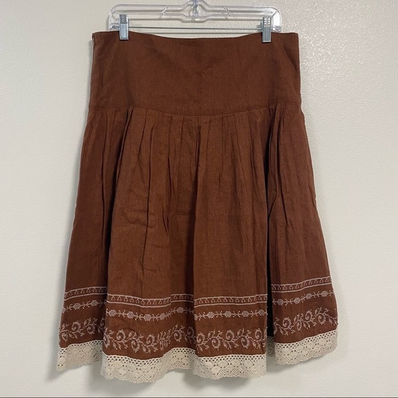 Ninety Skirt Women’s Size Large Brown Linen Blend Embroidered Skirt - Picture 3 of 10